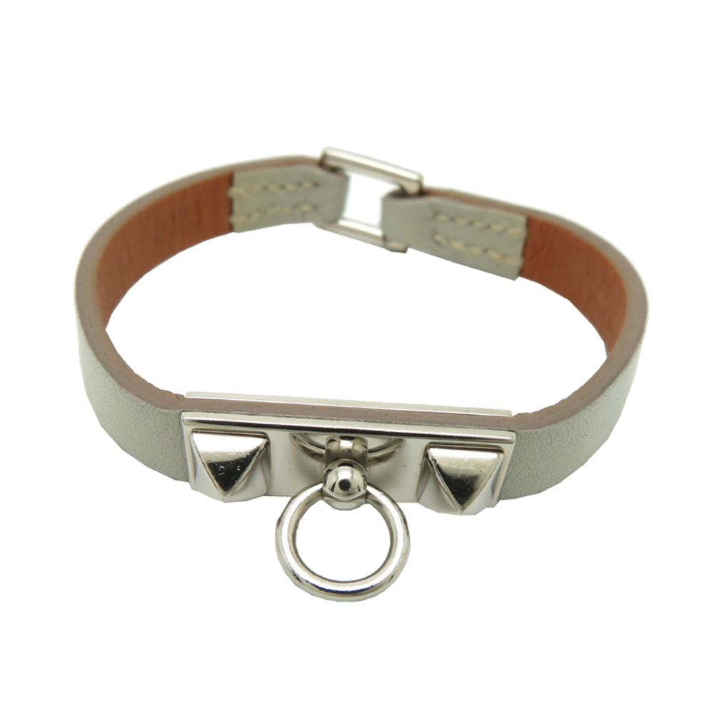 HERMES Gray Leather Charm Bracelet